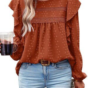 Women's Long Sleeve Blouses Ruffle Swiss Dot Crochet Loose Fit Tunic Dressy Casu